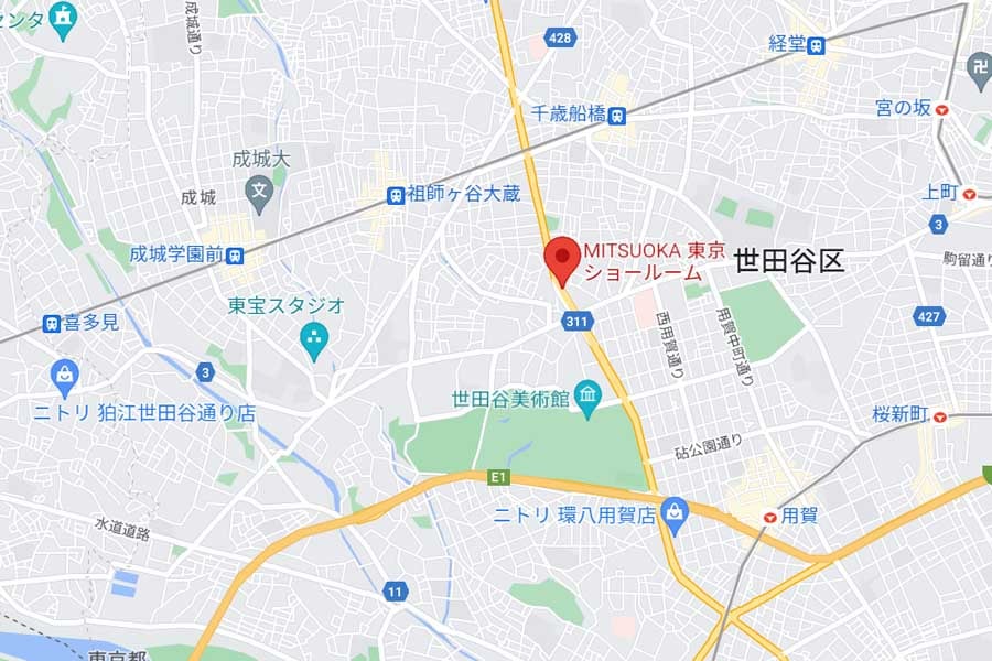 東京都世田谷区にある光岡自動車の東京営業所・MITSUOKA東京ショールーム（画像：(C)Google）