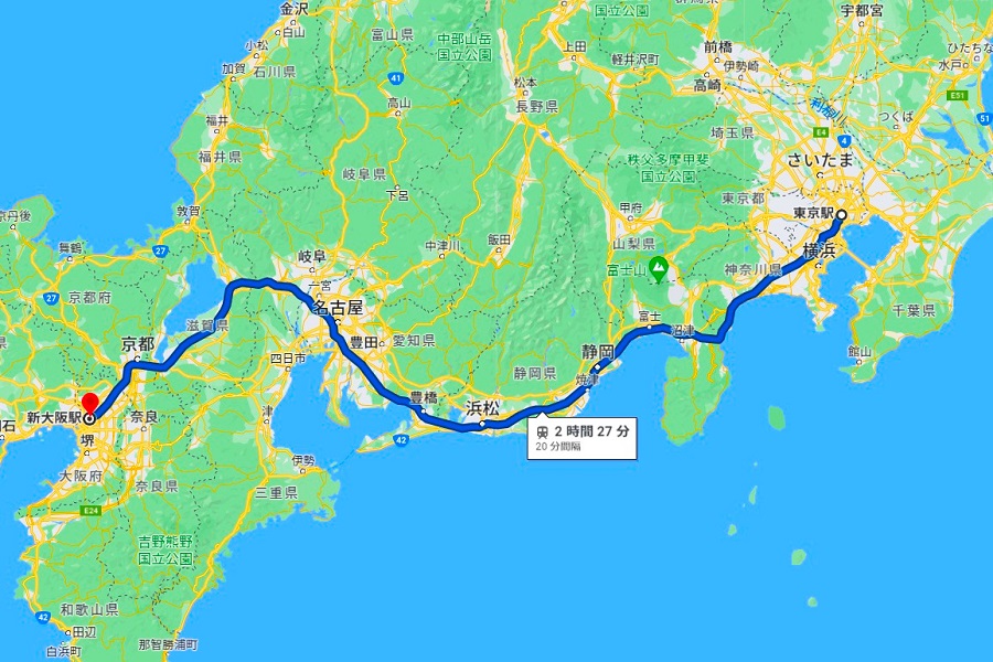 新幹線を使うと、おおむね2時間半。料金は約1万5000円（画像：（C）Google）