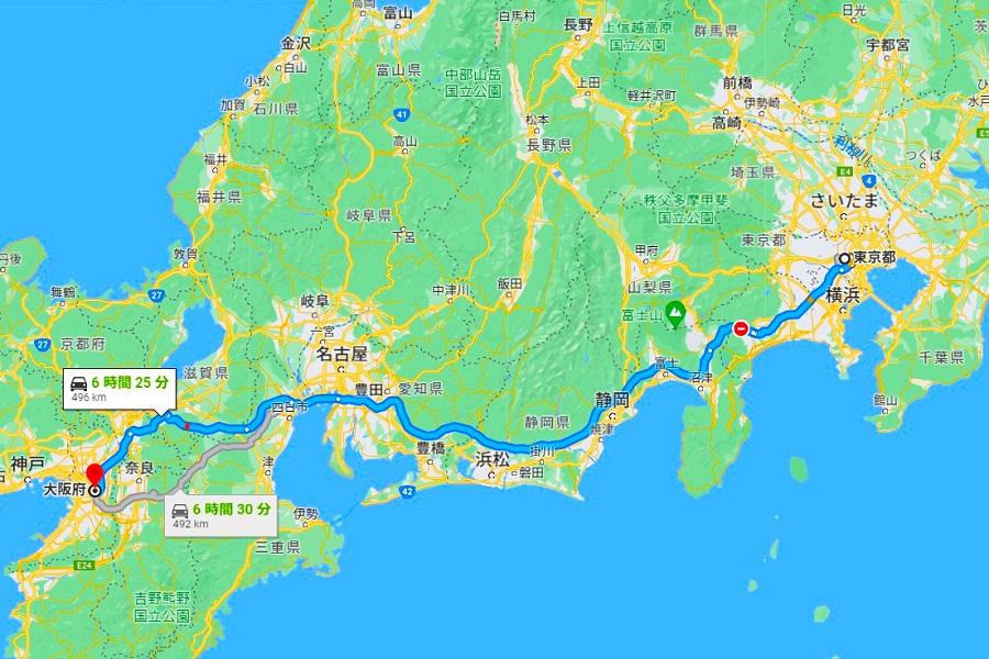 高速道路を使うと、おおむね6時間半。料金はETC利用で約1万1000円（画像：（C）Google）