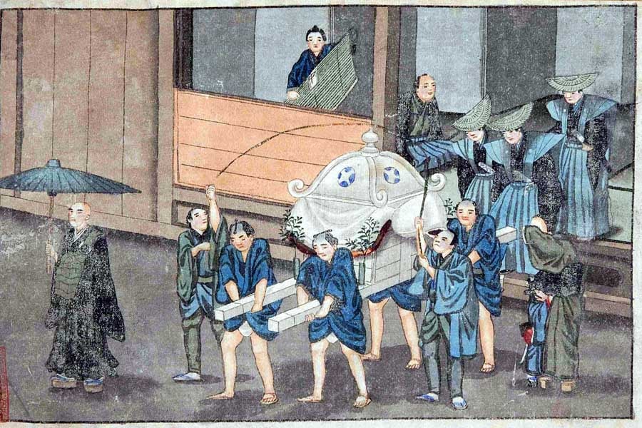 輿でひつぎを運ぶ様子を描いた浮世絵（画像：東京中央図書館TOKYOアーカイブ）