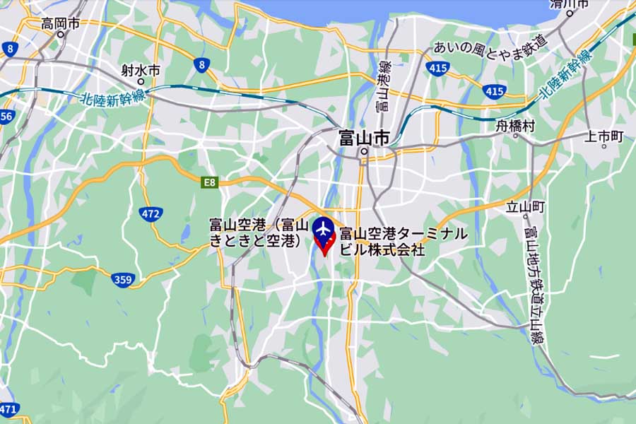 富山空港の位置（画像：(C)Google）