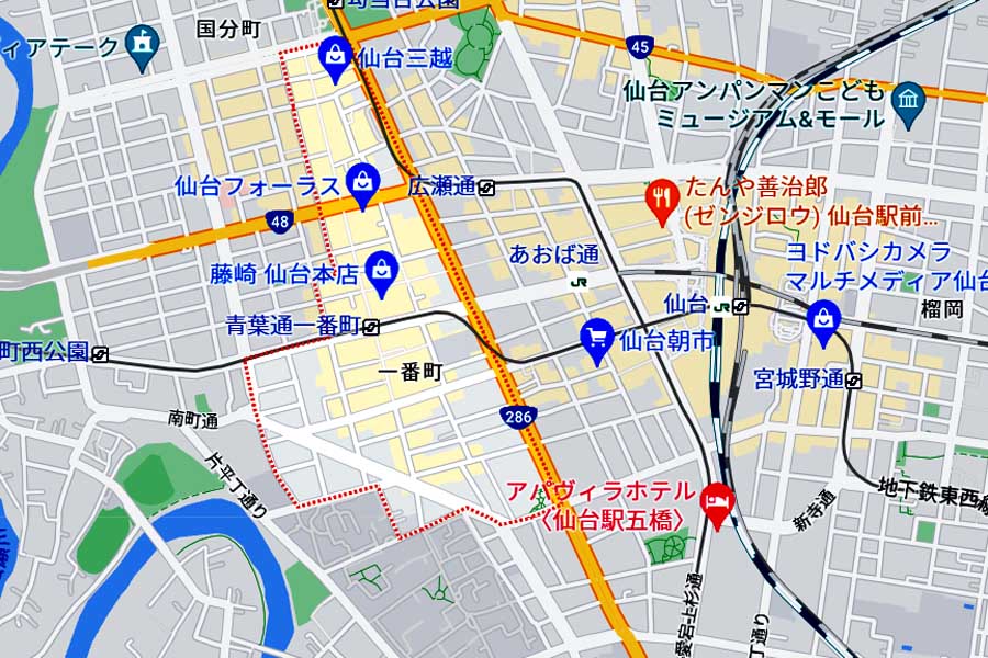 仙台市の一番町エリア（画像：(C)Google）