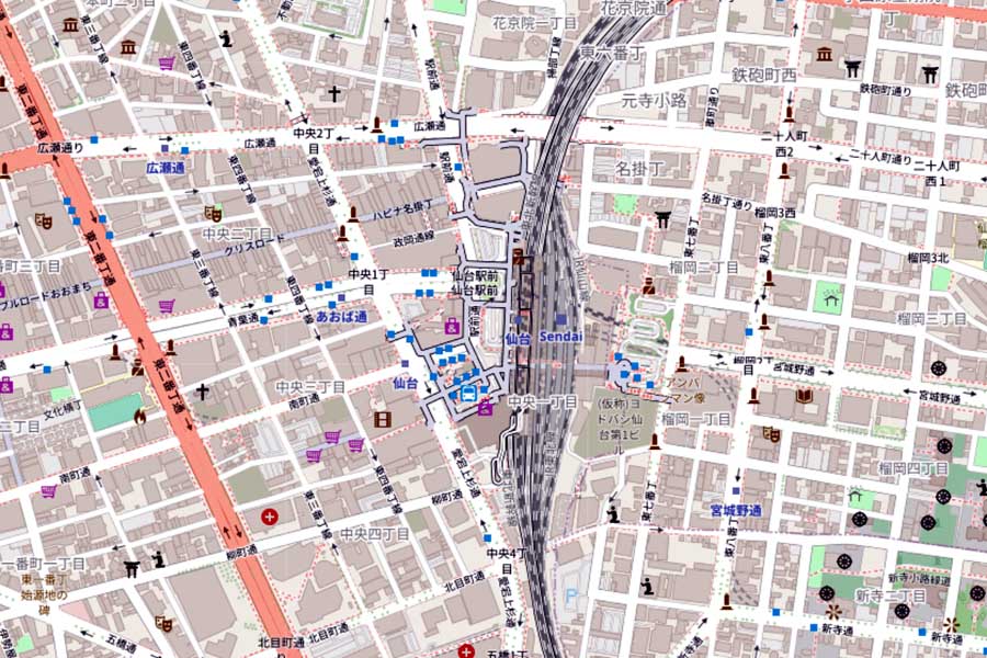 現在の仙台駅周辺の地図（画像：国土地理院）