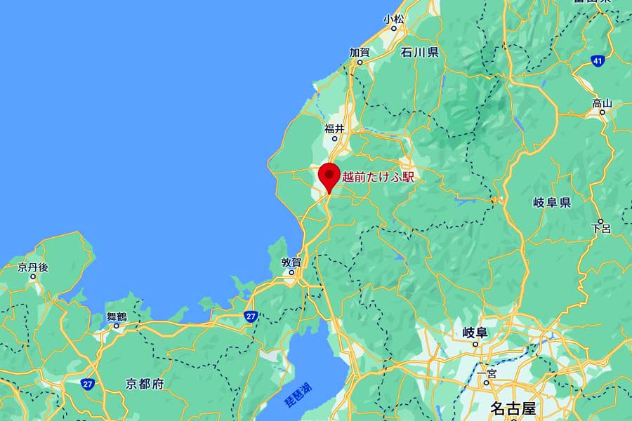 福井県越前市に完成予定の越前たけふ駅(画像:(C)Google)