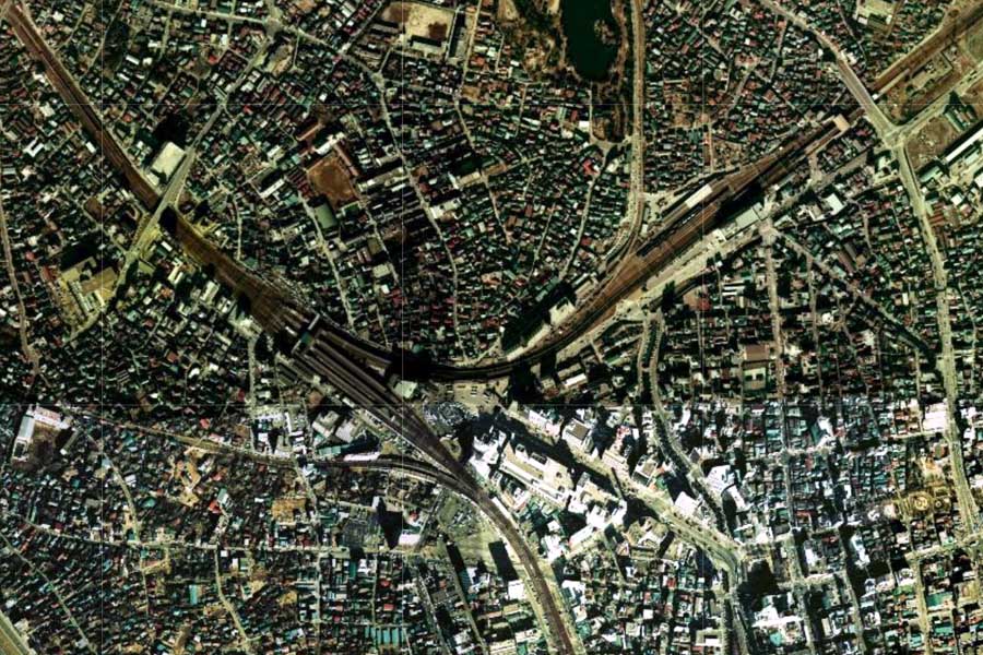 1975年頃の千葉駅周辺の航空写真（画像：国土地理院）