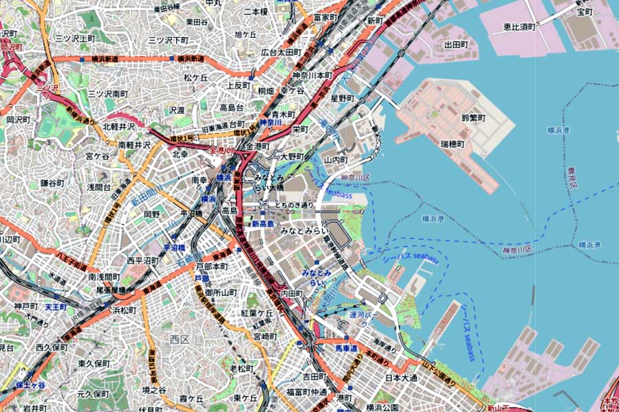 現在の横浜港の地図（画像：国土地理院）