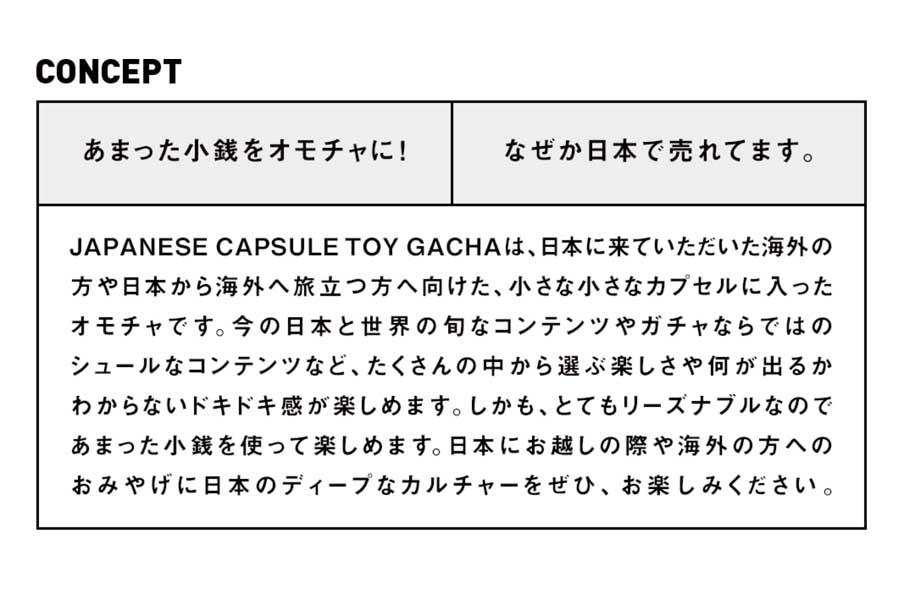 「JAPANESE CAPSULE TOY GACHA」のコンセプト（画像：タカラトミーアーツ）