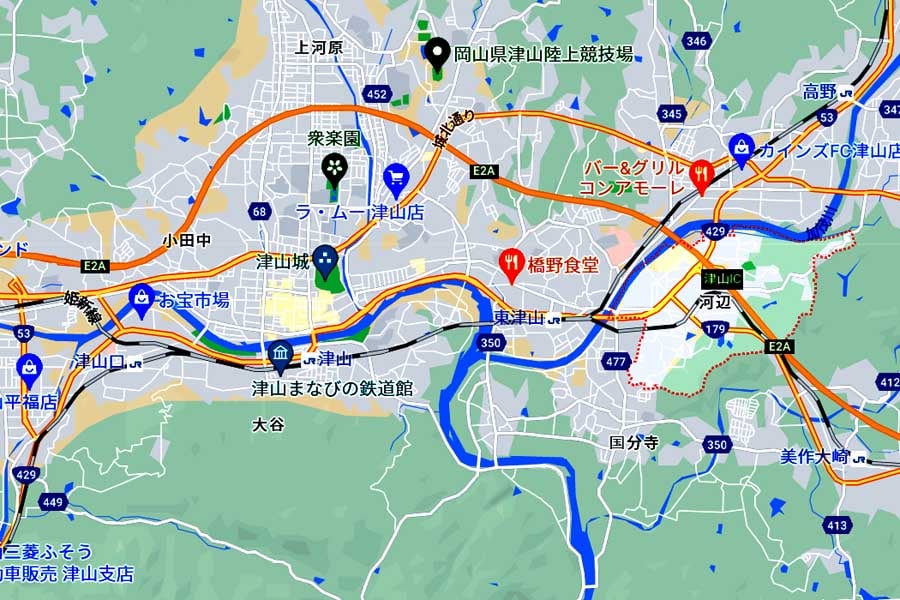 津山市の河辺地区（画像：(C)Google）