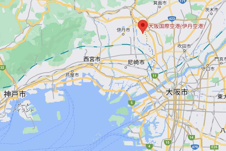 大阪国際空港の位置（画像：(C)Google）