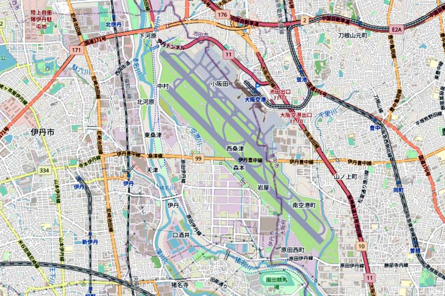 現在の伊丹空港の周辺の地図（画像：国土地理院）