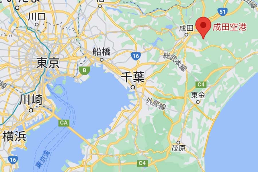 成田空港の位置（画像：(C)Google）