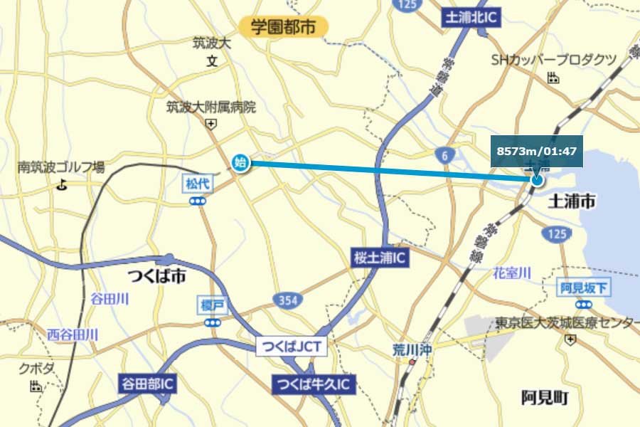 つくば駅と土浦駅の距離関係（画像：ONE COMPATH）