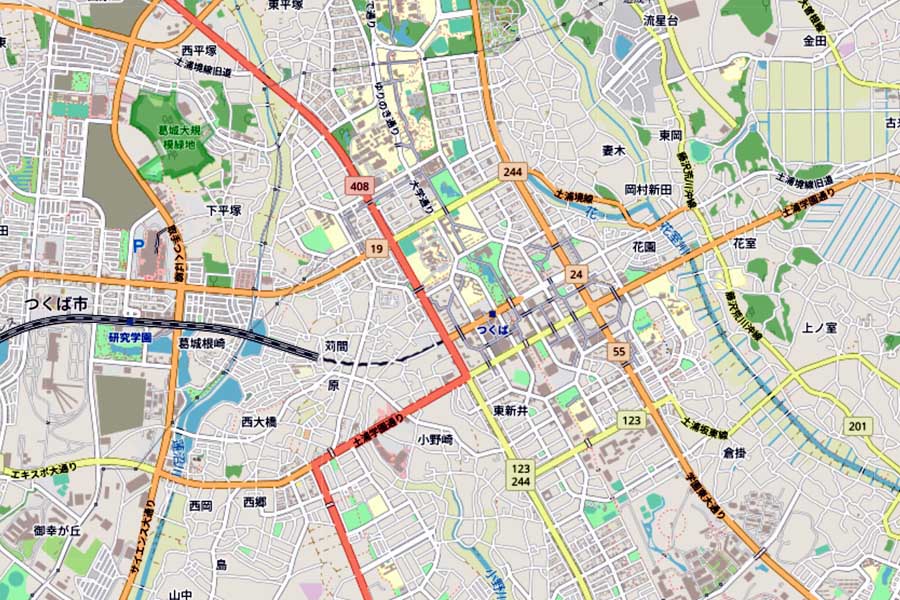 現在のつくば駅周辺の地図（画像：国土地理院）