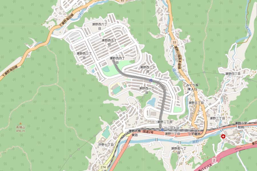現在のスカイレール周辺の地図（画像：国土地理院）