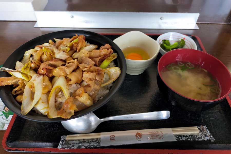 スタミナ丼（900円）たまご、おしんこ、みそ汁付きで丼はボリューム満点（画像：中村圭）