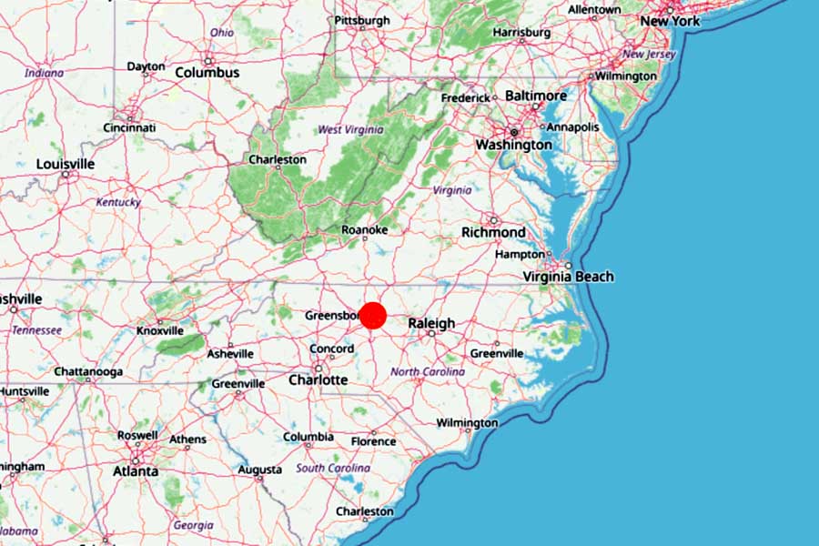 ホンダエアクラフトカンパニーが本社を構える米国ノースカロライナ州グリーンズボロ市 (（画像：OpenStreetMap）