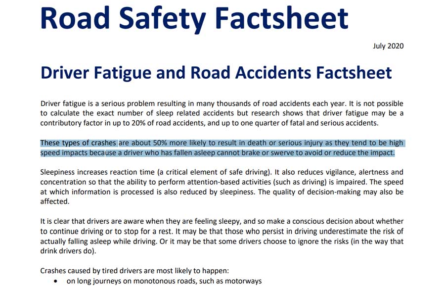 「この種の事故は高速で衝突する傾向があるため、死亡または重傷に至る可能性が約50%高くなる。居眠りをしたドライバーは衝撃を避けたり軽減したりするためにブレーキを踏んだりハンドルを切ったりすることができないためである」ROSPA『Road Safety Factsheet』より（画像：ROSPA）