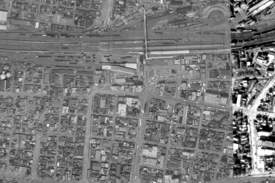 1963年頃の沼津駅周辺の航空写真（画像：国土地理院）