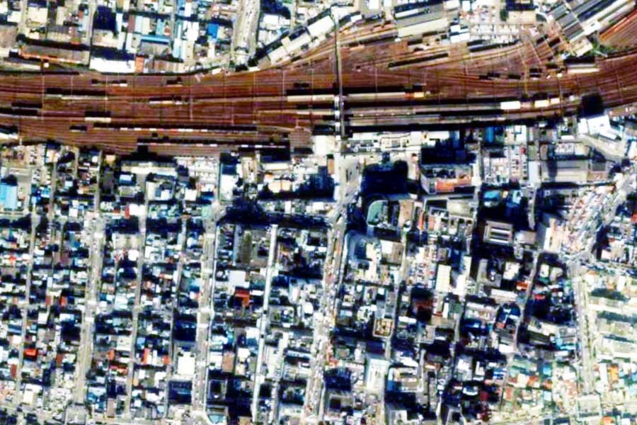 1980年頃の沼津駅周辺の航空写真（画像：国土地理院）