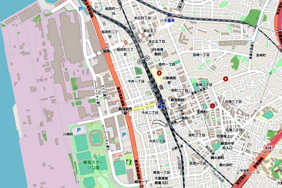 現在の蘇我駅周辺の地図（画像：国土地理院）