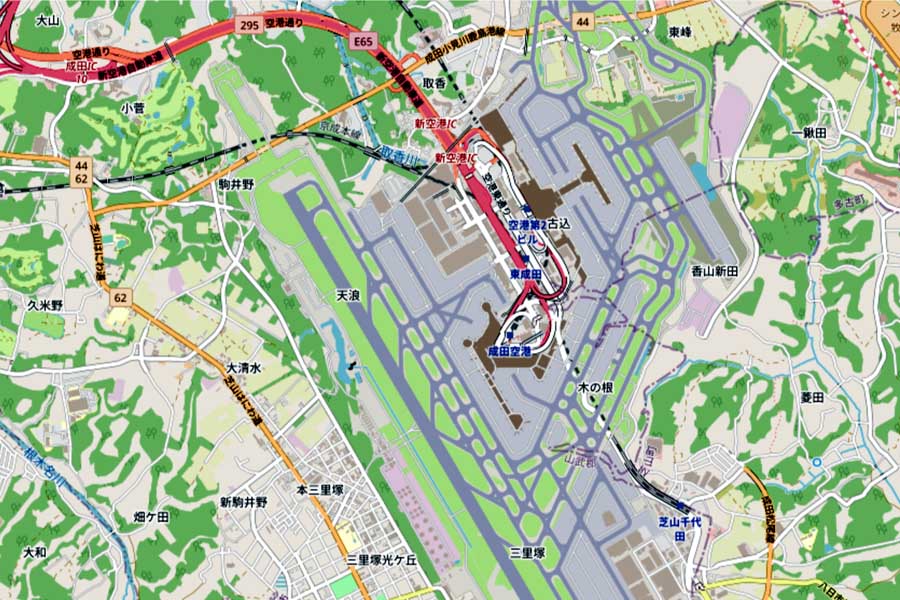 現在の成田国際空港周辺の地図（画像：国土地理院）