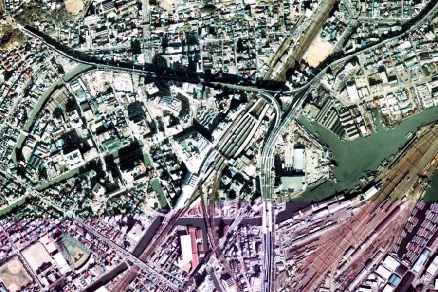 1975年頃の横浜駅周辺の航空写真（画像：国土地理院）