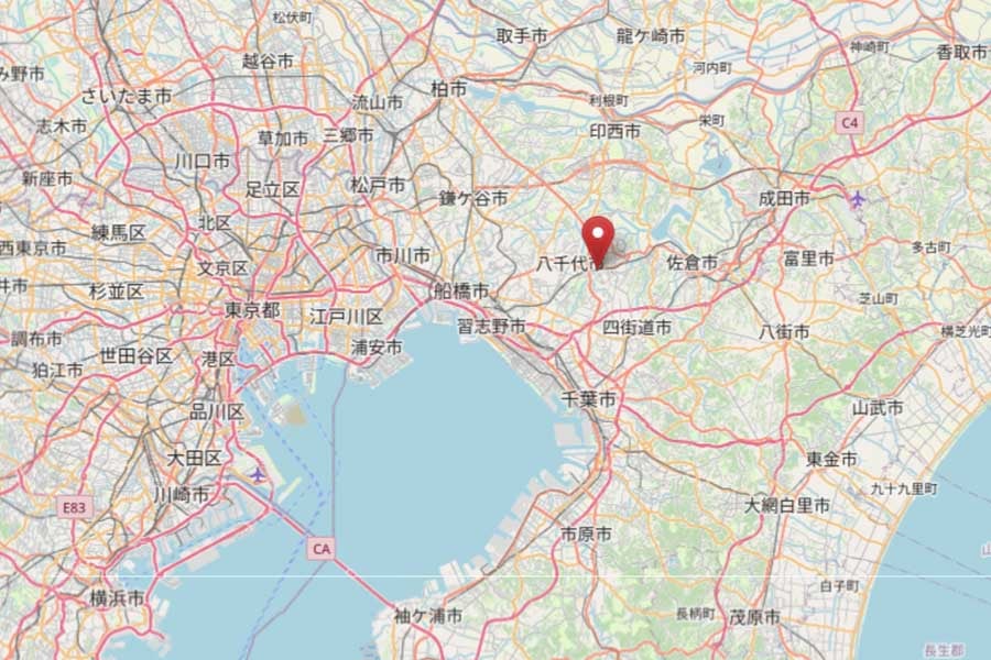 勝田台駅の位置（画像：OpenStreetMap）