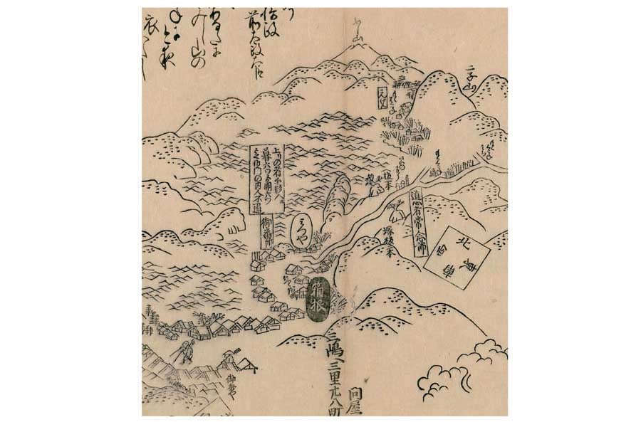 1690（元禄3）の『東海道分間図』所収の箱根の関。中央やや左に御番所が見える（画像：国立国会図書館）