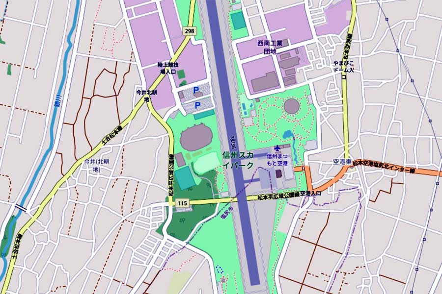現在の松本空港周辺の地図（画像：国土地理院）