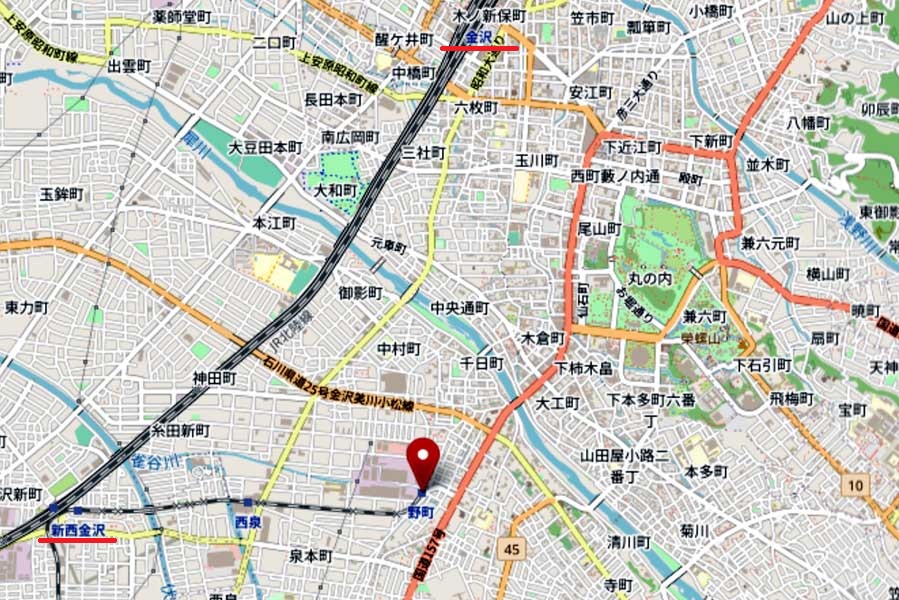 野町駅とJR西金沢駅、金沢駅の位置関係（画像：OpenStreetMap）
