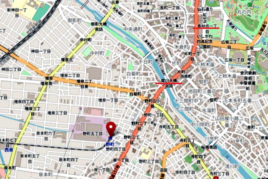野町駅と香林坊地区、犀川大橋の位置関係（画像：OpenStreetMap）