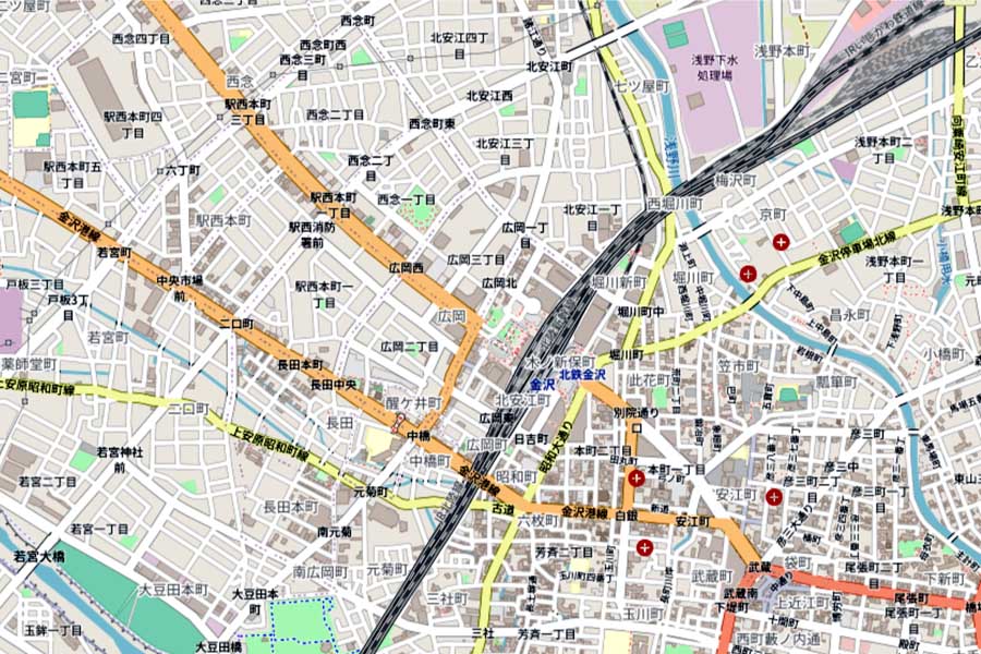 現在の「金沢駅」周辺の地図（画像：OpenStreetMap）