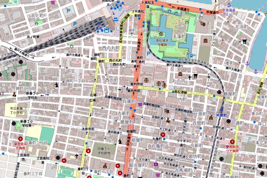 現在の「高松駅」周辺の地図（画像：OpenStreetMap）