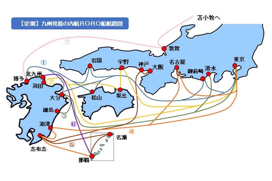九州発着の内航RORO船航路情報（画像：国土交通省）
