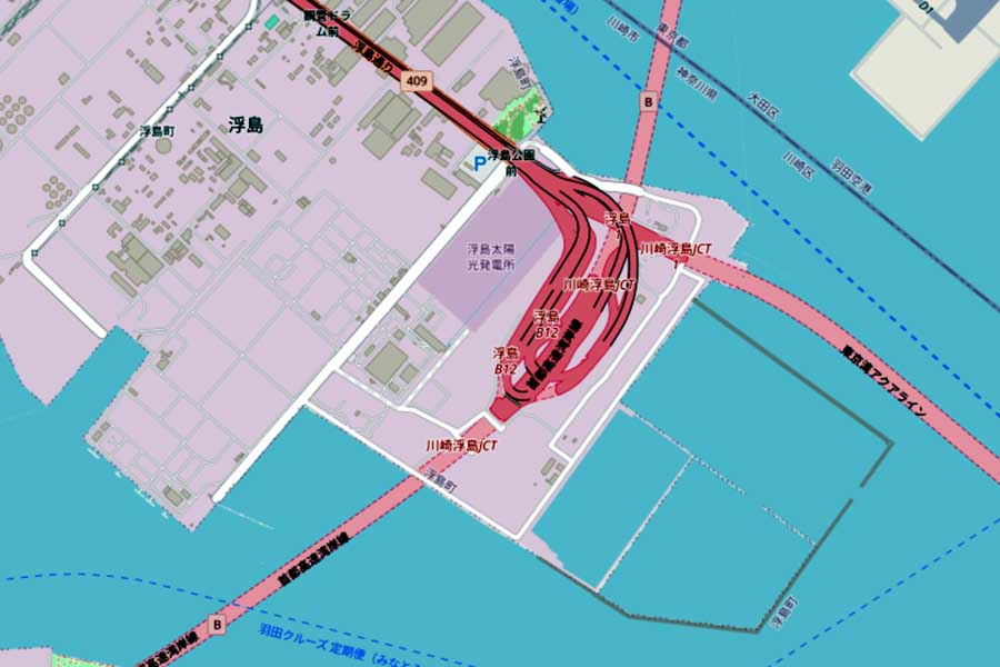 東京湾アクアラインの川崎側入り口がある「浮島ジャンクション」周辺の地図（画像：OpenStreetMap）