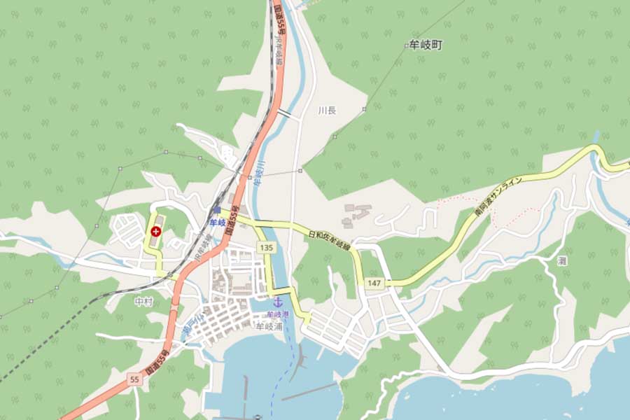 現在の牟岐駅周辺の地図（画像：OpenStreetMap）