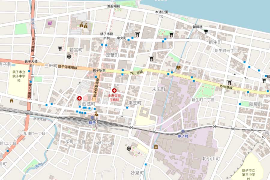 現在の銚子駅周辺の地図（画像：OpenStreetMap）