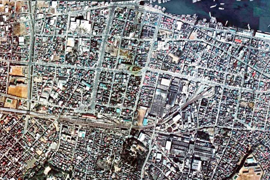 1975年頃の銚子駅周辺の航空写真（画像：国土地理院）
