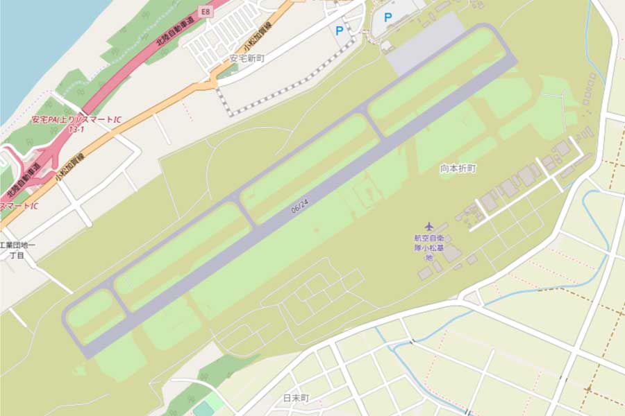 現在の「小松空港」周辺の地図（画像：OpenStreetMap）