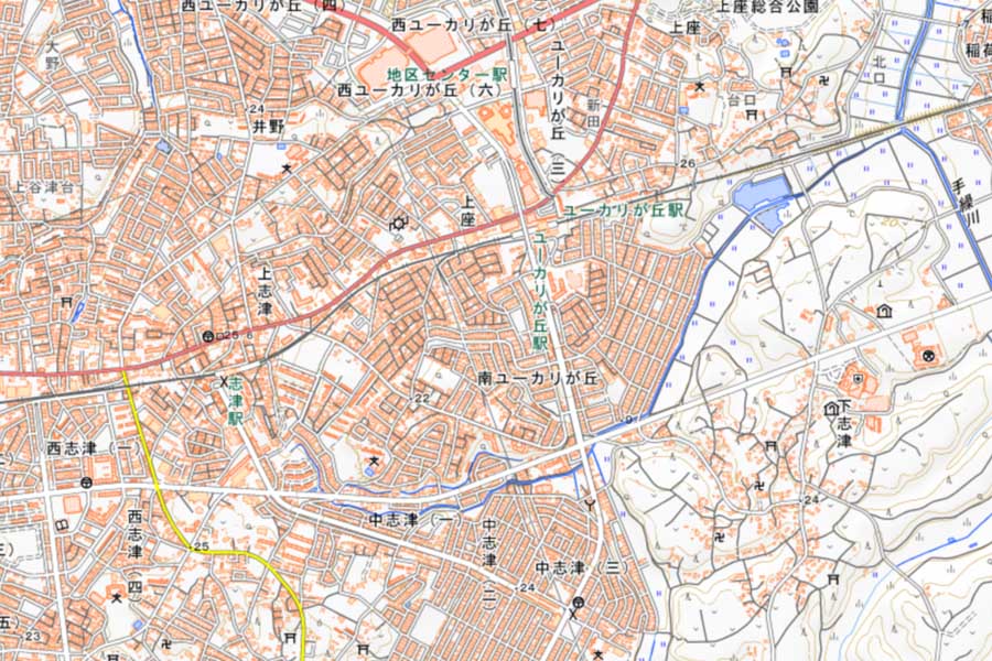 現在の「ユーカリが丘」周辺の地図（画像：国土地理院）