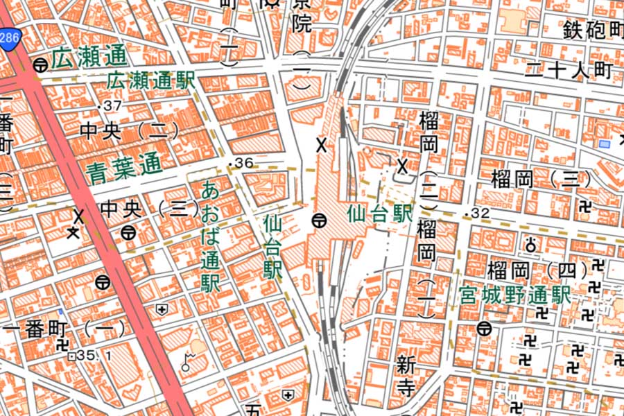 現在の「仙台駅」周辺の地図（画像：国土地理院）