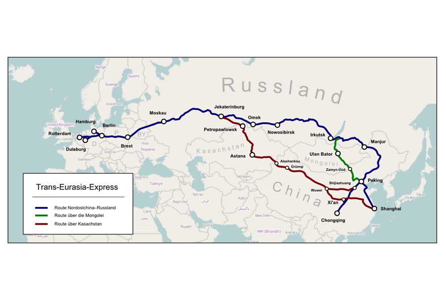 中欧班列の路線図。ルートは紫色の北ルート、緑色の中央ルート、赤色の西ルートに大別される。（画像：ペクリスティナー）
