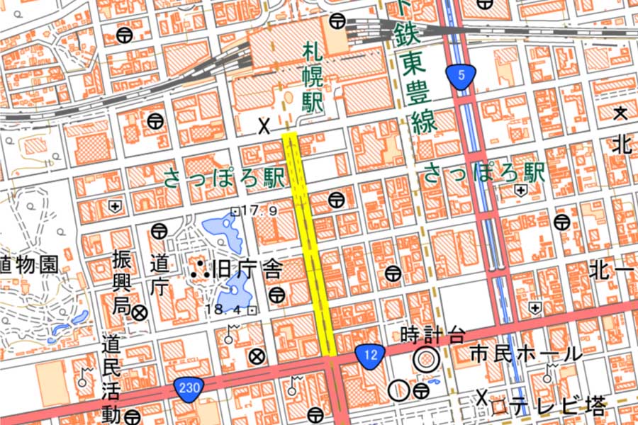 現在の「札幌駅」周辺の地図（画像：国土地理院）