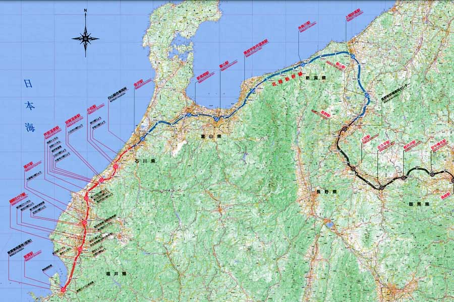 北陸新幹線の路線平面図（画像：鉄道建設・運輸施設整備支援機構）