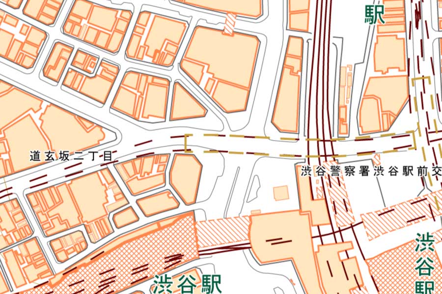 現在の「スクランブル交差点」周辺の地図（画像：国土地理院）