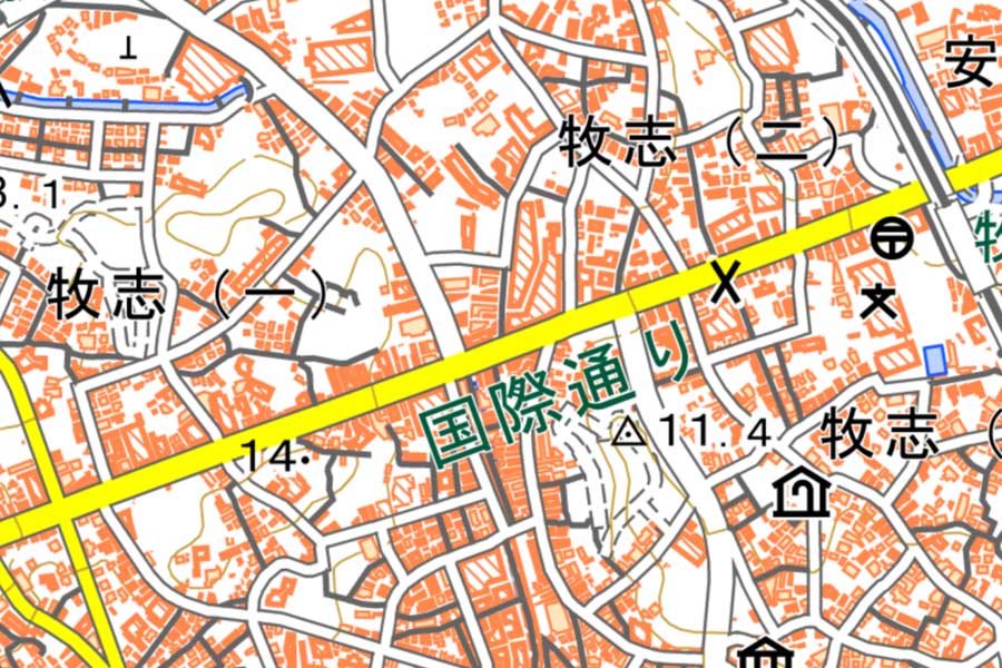 現在の「国際通り」周辺の地図（画像：国土地理院）