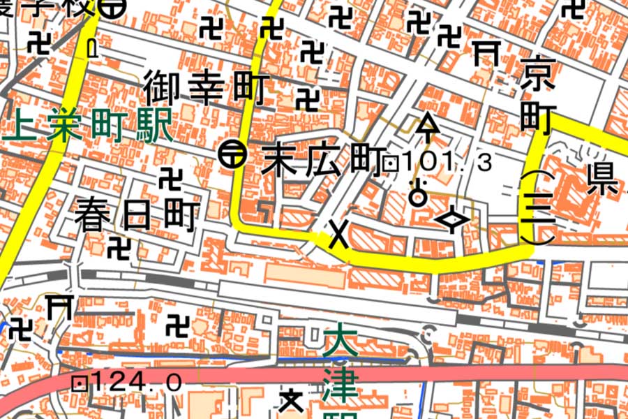 現在の「大津駅」周辺の地図（画像：国土地理院）