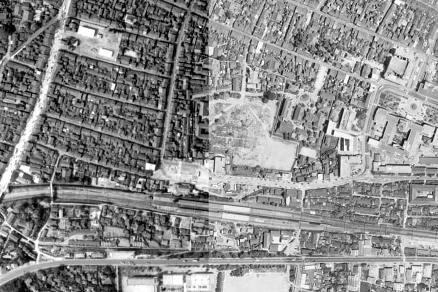 1963年頃の「大津駅」周辺の航空写真（画像：国土地理院）