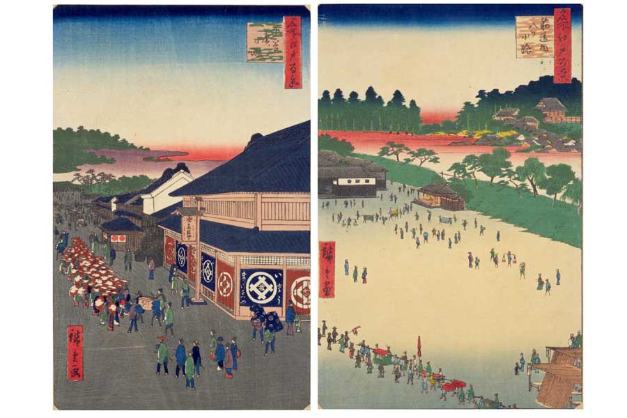『名所江戸百景』に登場する広小路2か所。（左）下谷（上野）広小路、（右）筋違内八ツ小路（画像：国立国会図書館）