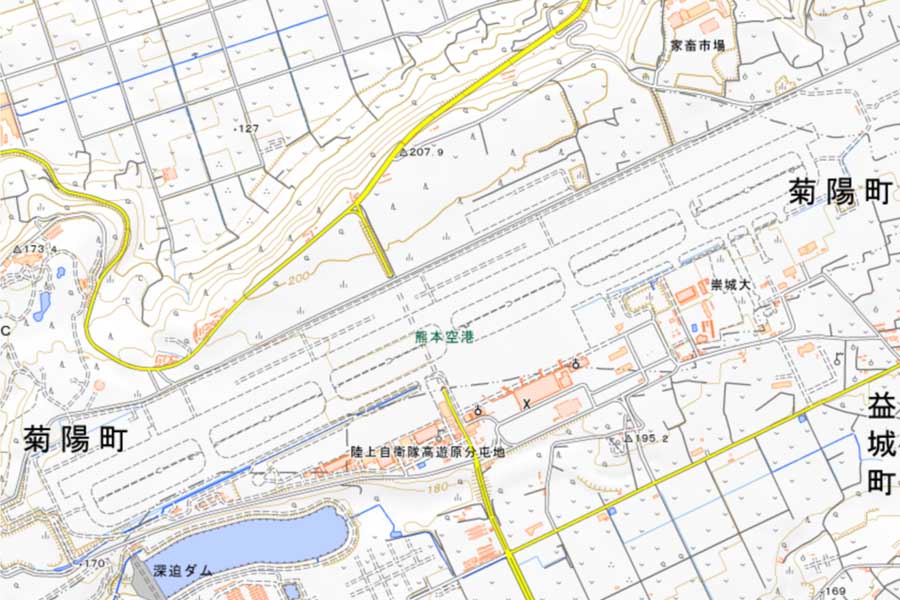 現在の「熊本空港」周辺の地図（画像：国土地理院）